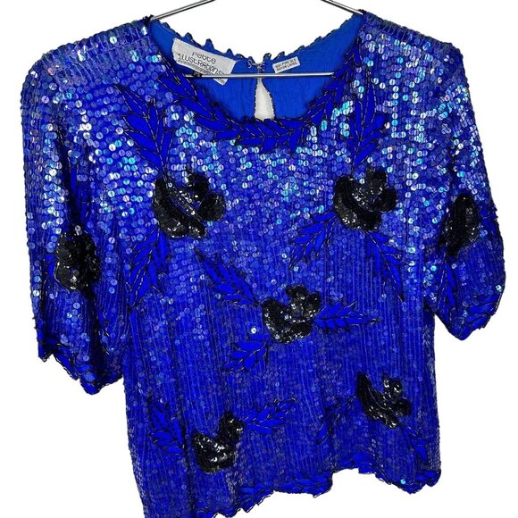 Vtg Blue & Black Floral Sequin Silk Blouse Short Sleeve Womens Small Eveningwear - Picture 1 of 6